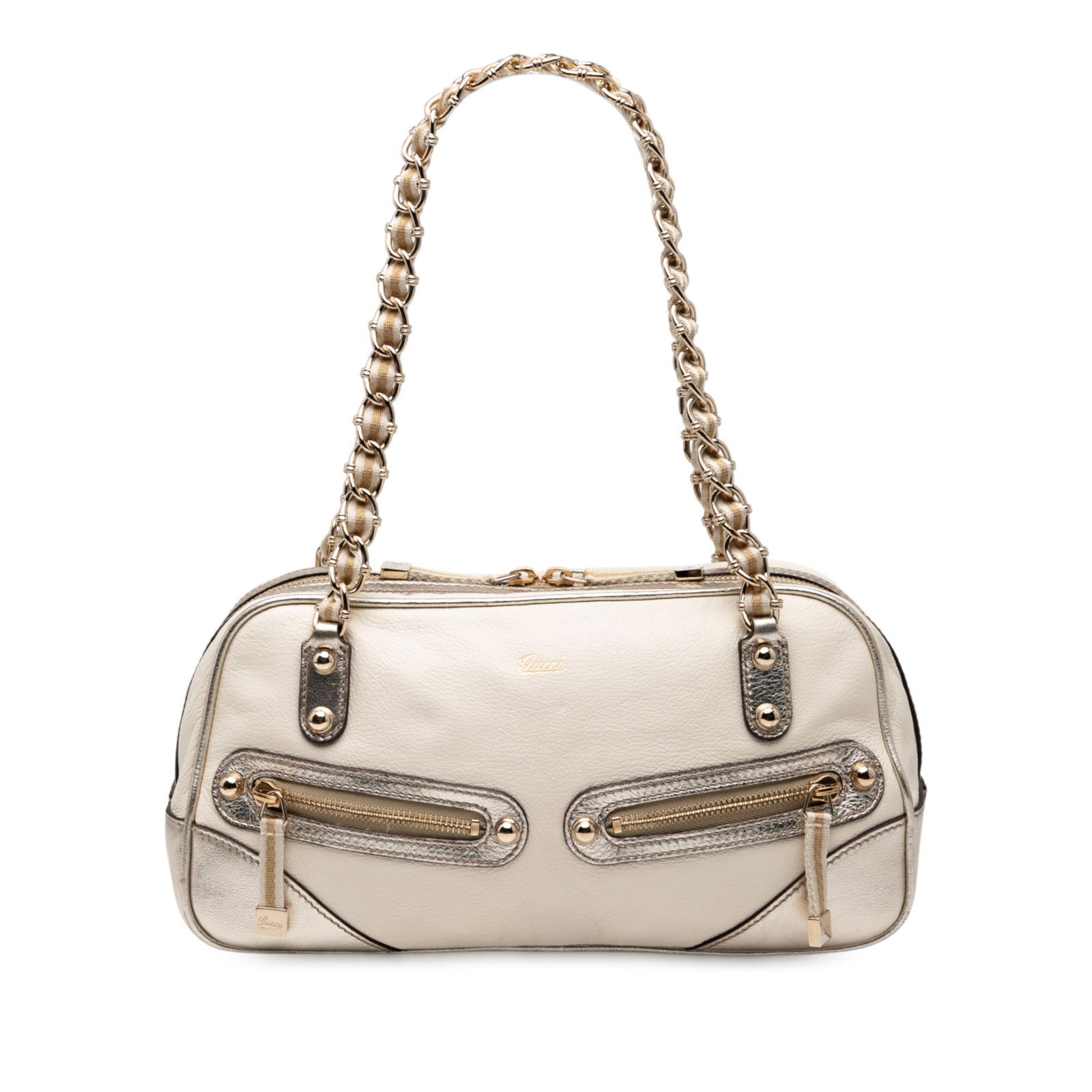 Gucci Capri Small White Leather Shoulder Bag with Web Chain Strap: Gucci Capri Small White Leather Shoulder Bag with Web Chain Strap This Gucci Small Leather Web Capri Shoulder Bag is crafted from white leather and features web canvas woven chain straps. The bag is d