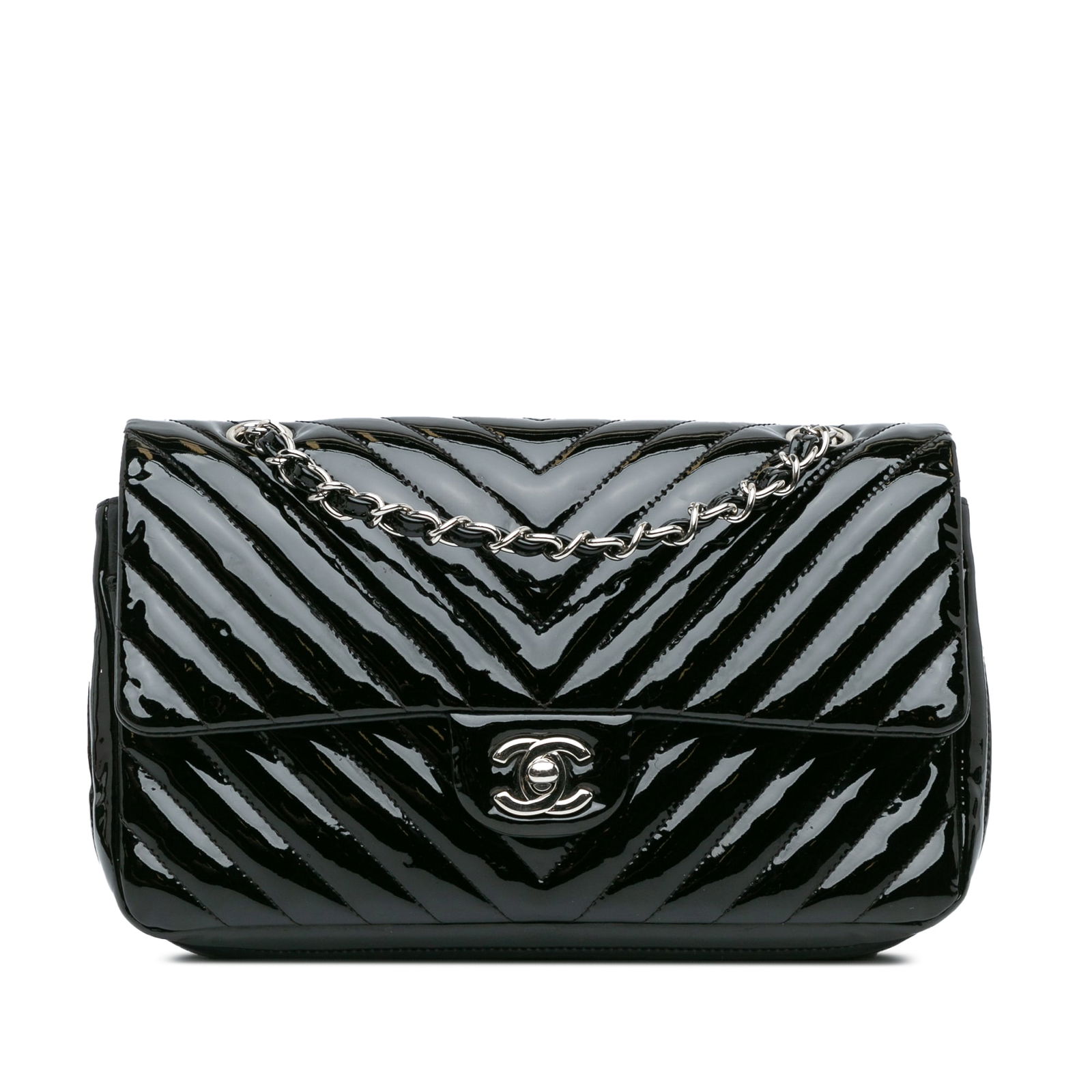 Chanel Medium Classic Chevron Patent Double Flap Shoulder Bag Black: Chanel Medium Classic Chevron Patent Double Flap Shoulder Bag Black This Chanel Medium Classic Chevron Patent Double Flap shoulder bag exudes elegance with its quilted patent leather construction. The
