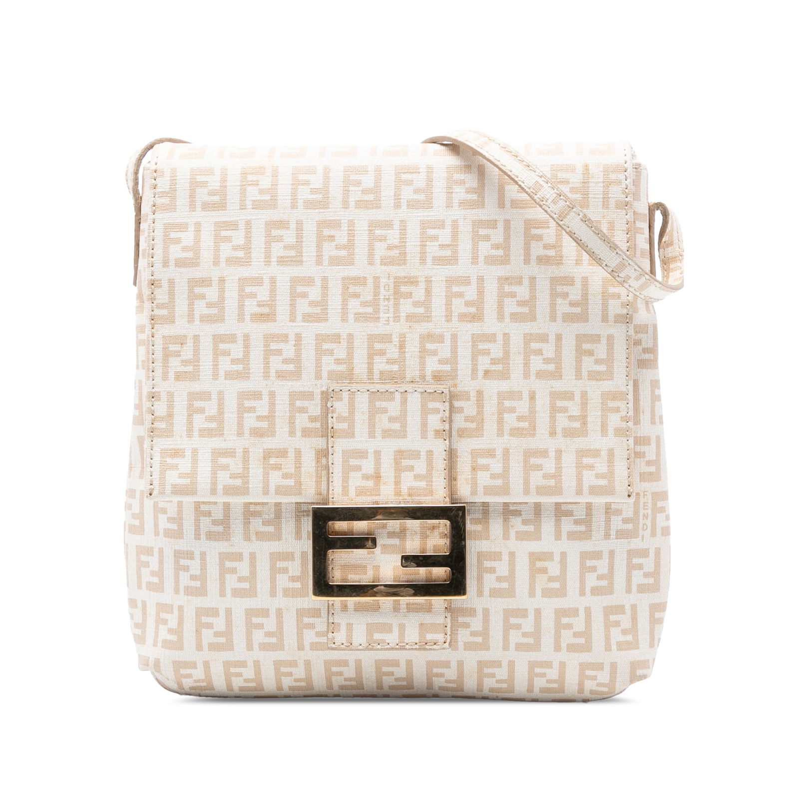 Zucchino Spalmati Crossbody Bag with Adjustable Strap by Fendi: Zucchino Spalmati Crossbody Bag with Adjustable Strap by Fendi This Fendi Zucchino Spalmati crossbody bag features a coated canvas body with leather trim, an adjustable flat leather strap, a top flap