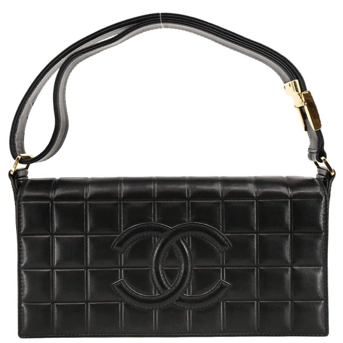 Chanel Black Lambskin Choco Bar Top Handle Handbag: Chanel Black Lambskin Choco Bar Top Handle Handbag This Chanel Black Lambskin Choco Bar Handbag is a stylish and versatile accessory perfect for casual occasions. It features a luxurious lambskin exte