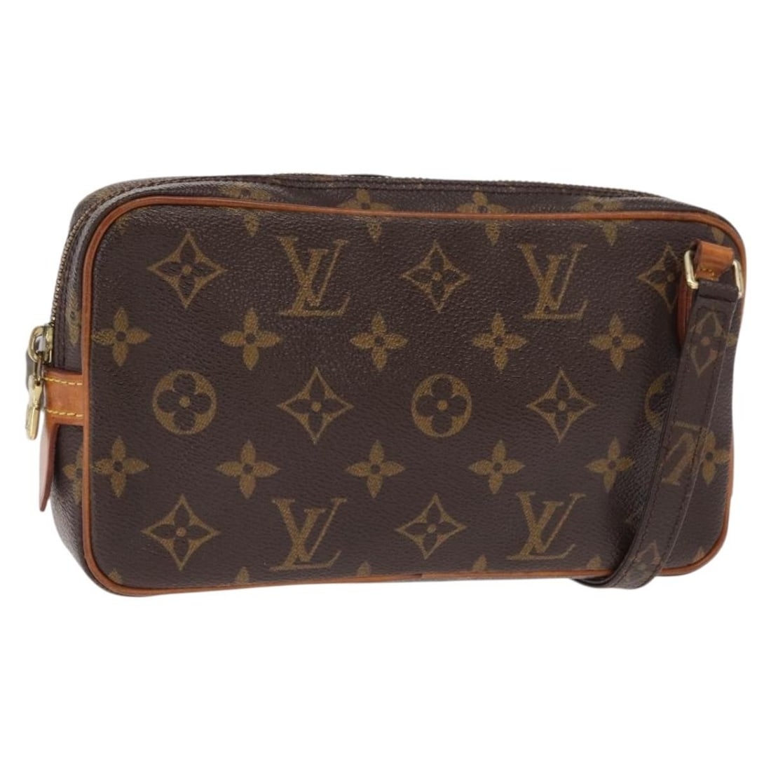 Pochette Marly Bandouliere Clutch in Brown by Louis Vuitton: Pochette Marly Bandouliere Clutch in Brown by Louis Vuitton This Louis Vuitton Pochette Marly Bandouliere is a brown clutch and pouch designed for women. The exterior shows some loss of shape, rubbing