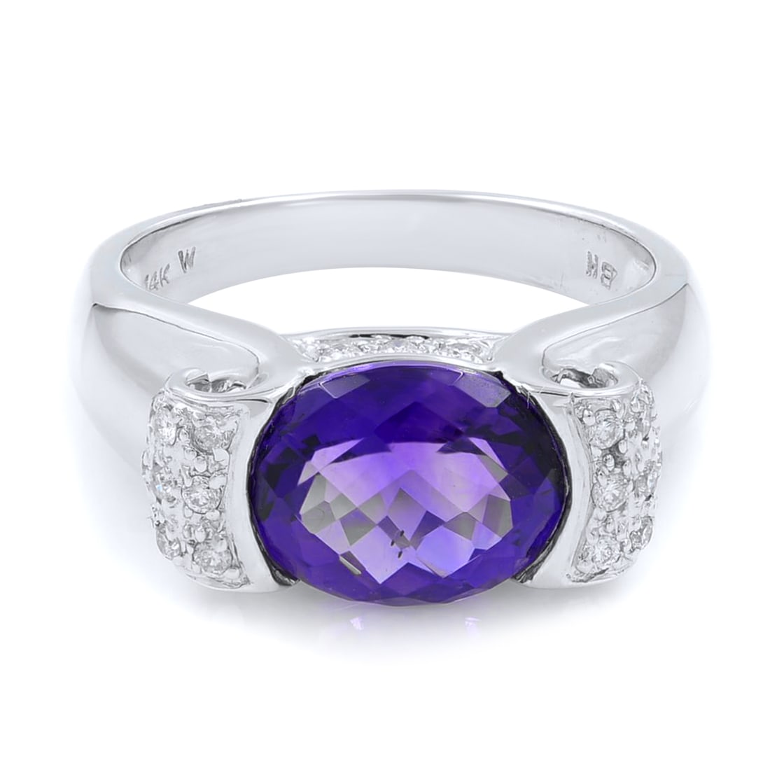 Rachel Koen 14K White Gold Amethyst Diamond Cocktail Ring Size 7: Rachel Koen 14K White Gold Amethyst Diamond Cocktail Ring Size 7 This exquisite Rachel Koen ring showcases a striking lavender oval amethyst as its centerpiece, surrounded by shimmering natural diamon