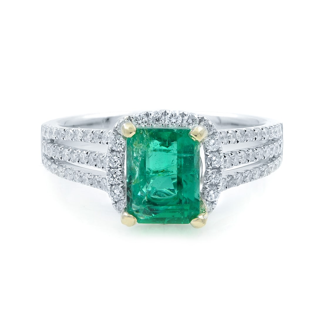 Rachel Koen 18K White Gold Emerald Diamond Halo Ring 1.65Cttw Size 6.75: Rachel Koen 18K White Gold Emerald Diamond Halo Ring 1.65Cttw Size 6.75 This stunning engagement ring showcases a vibrant Colombian emerald at its center, complemented by a delicate halo of sparkling