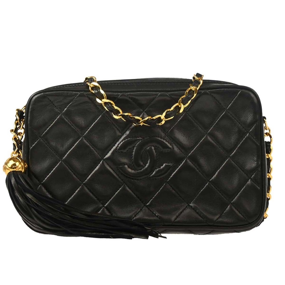 Chanel Black Lambskin Quilted Camera Bag with Gold Hardware: Chanel Black Lambskin Quilted Camera Bag with Gold Hardware Introducing the Chanel Black Lambskin Camera Bag, a stylish and versatile accessory perfect for casual outings. This small shoulder bag feat