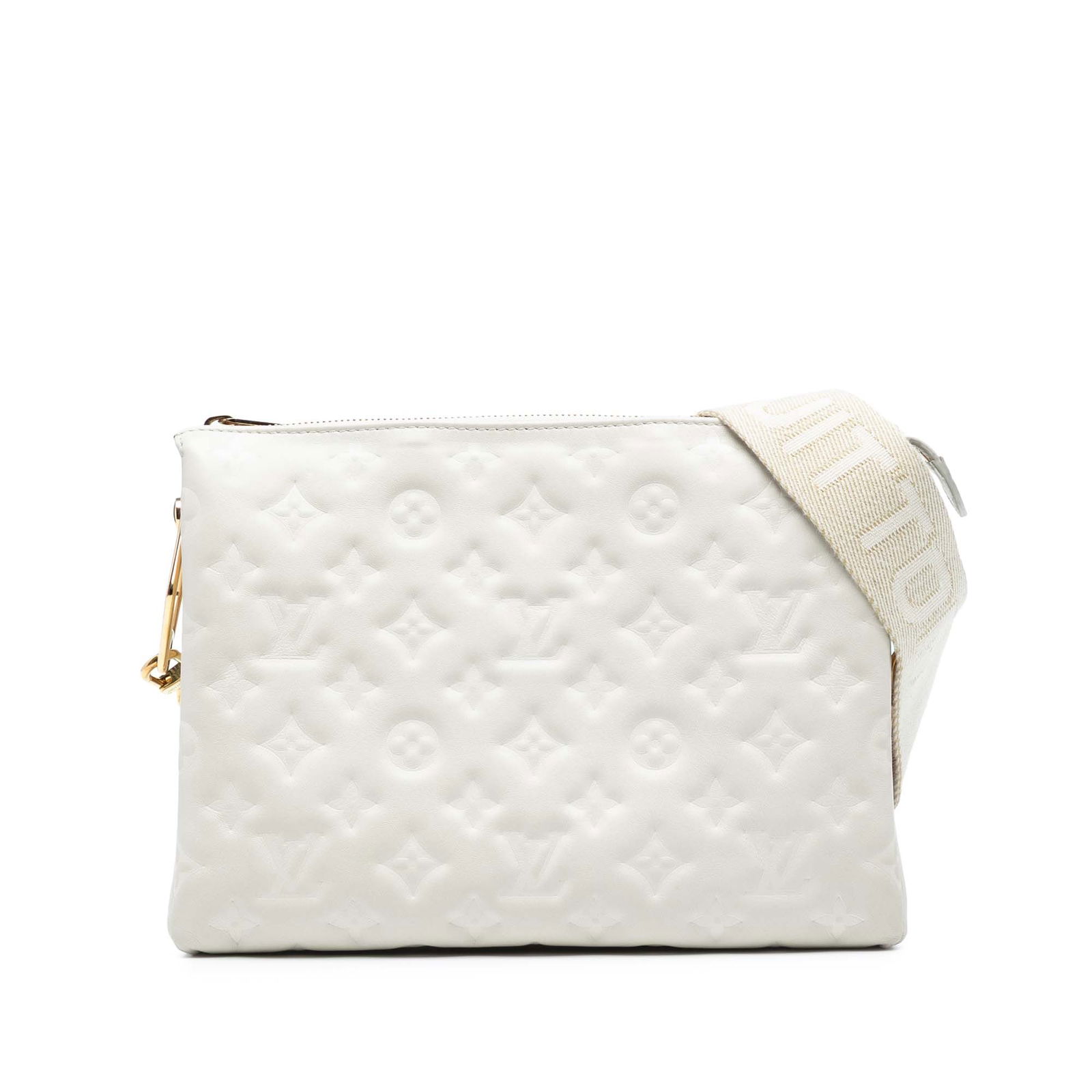 Louis Vuitton Monogram Coussin PM White Embossed Lambskin Bag: Louis Vuitton Monogram Coussin PM White Embossed Lambskin Bag Introducing the Louis Vuitton Monogram Embossed Puffy Lambskin Coussin PM, a stylish and sophisticated bag made from high-quality embossed