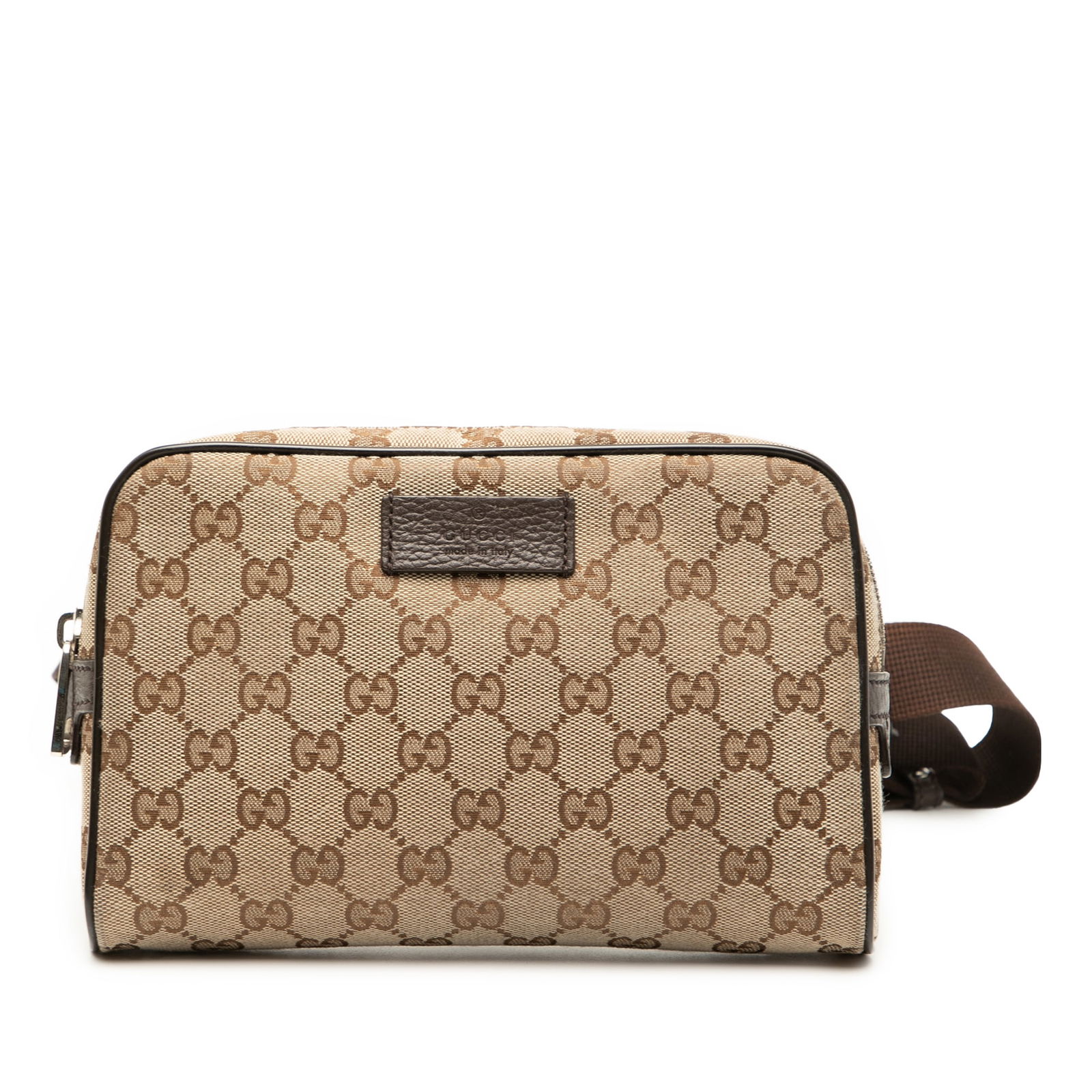 Brown GG Canvas Waist Bag by Gucci with Adjustable Strap: Brown GG Canvas Waist Bag by Gucci with Adjustable Strap This Gucci GG Canvas Belt Bag features a canvas body with leather trim, an adjustable waist strap with buckle closure, a top zip closure, and a