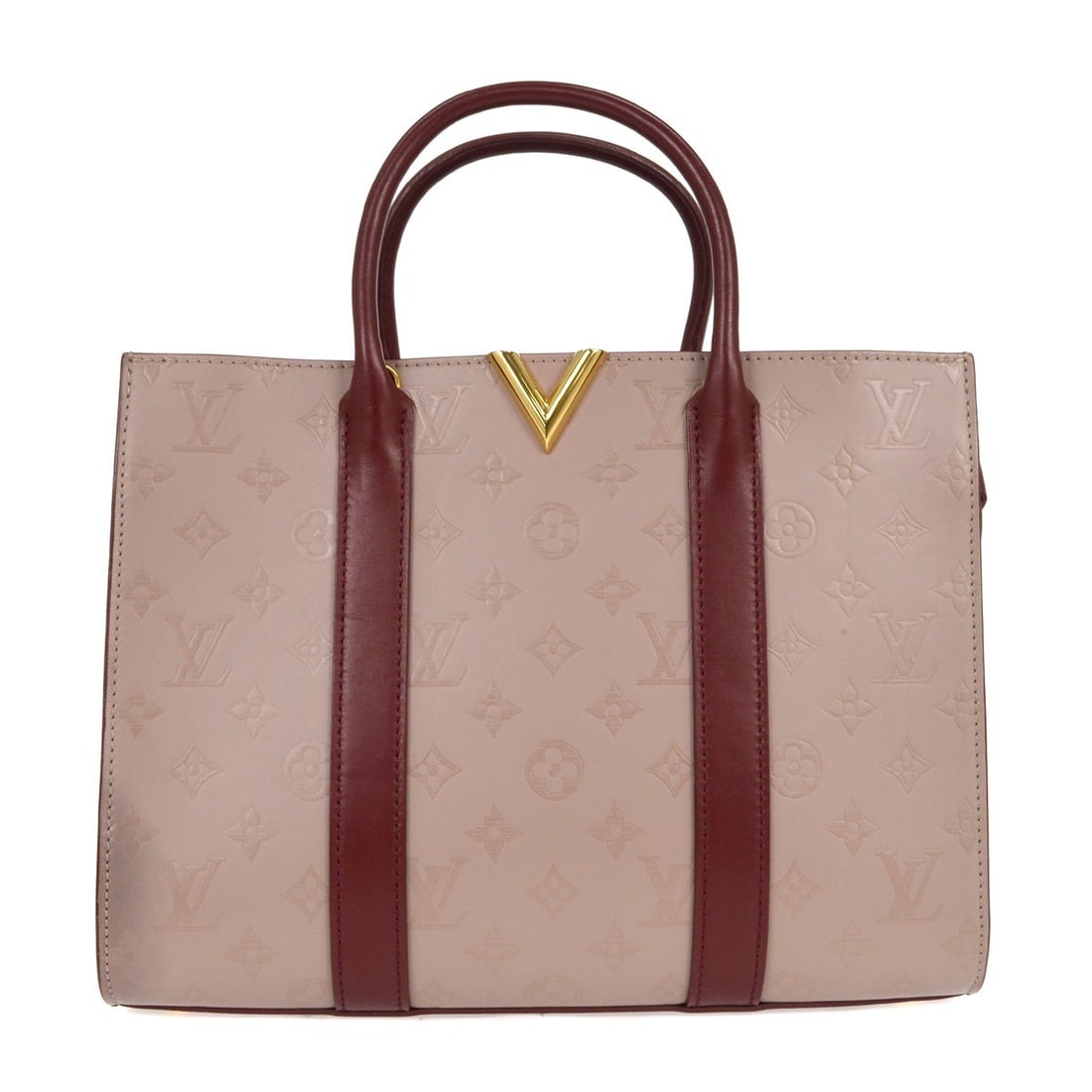 Very Tote Bag in Burgundy by Louis Vuitton: Very Tote Bag in Burgundy by Louis Vuitton This pre-owned Louis Vuitton Very Tote in burgundy features noticeable scuffs and stains on the exterior, while the interior remains in very good condition.
