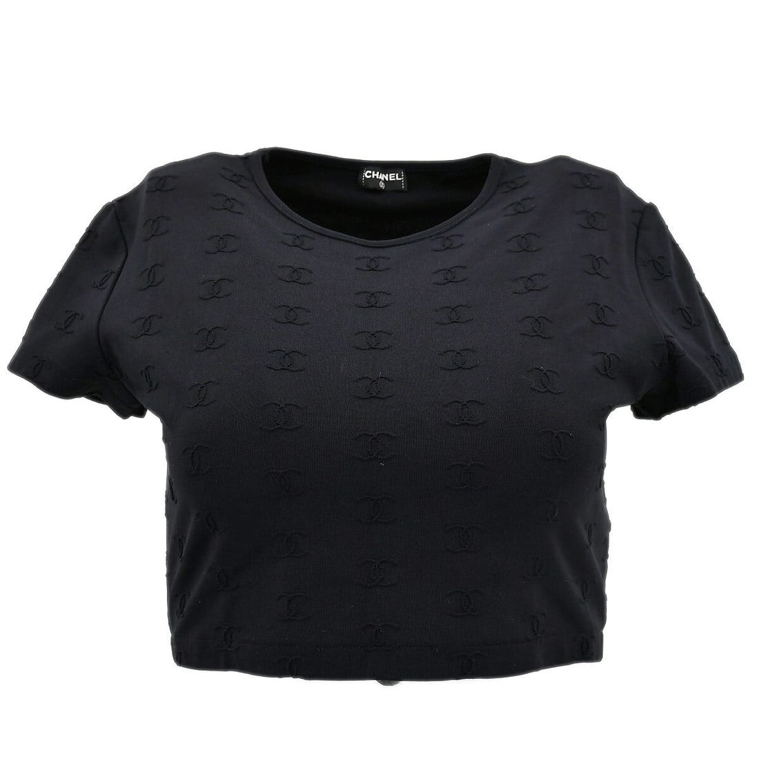 Chanel Black Cropped T-shirt with Round Neck and Short Sleeves: Chanel Black Cropped T-shirt with Round Neck and Short Sleeves Elevate your casual wardrobe with this stylish Chanel Cropped T-shirt in classic black. Designed with a round neckline and short sleeves,
