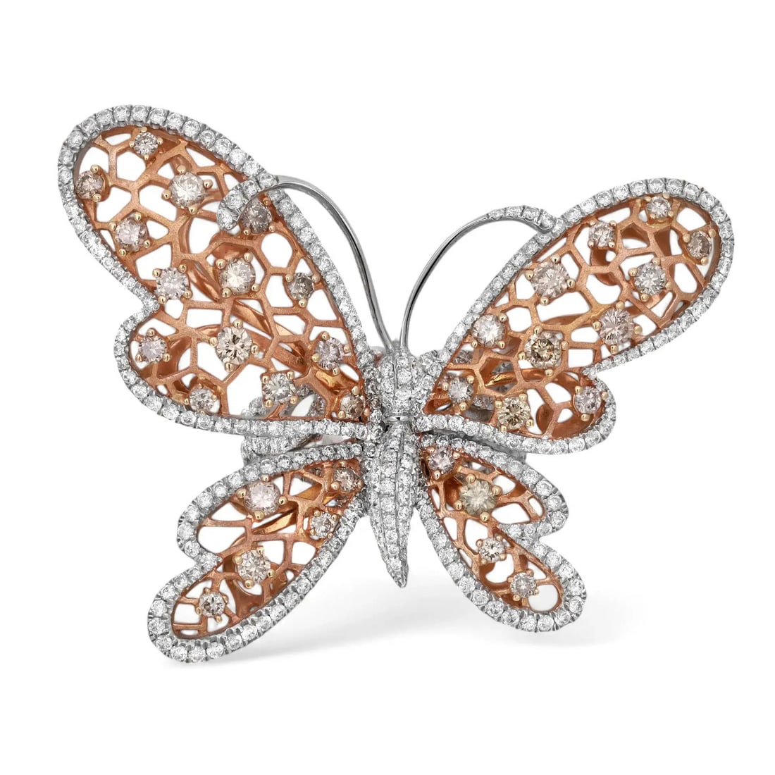 Rachel Koen 18K Gold Butterfly Ring with Champagne & White Diamonds 3.52ct: Rachel Koen 18K Gold Butterfly Ring with Champagne & White Diamonds 3.52ct This stunning butterfly cocktail ring by Rachel Koen is a true masterpiece, crafted from 18K white and rose gold. It features