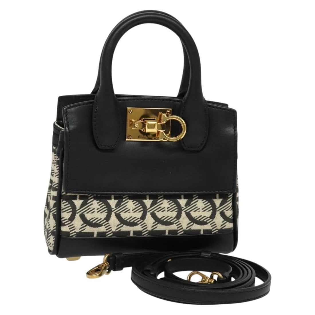 Salvatore Ferragamo Gancini Leather Hand Bag Black Gold 2way Italy Auth (1 of 18)