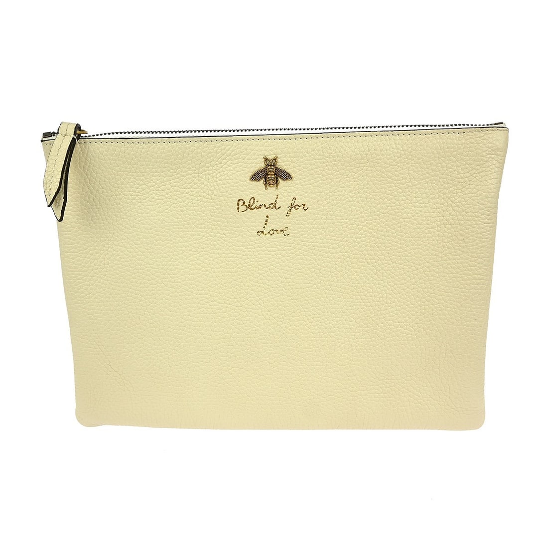 Ivory Animalier Clutch Bag by Gucci: Ivory Animalier Clutch Bag by Gucci This Gucci Animalier Pochette features an ivory exterior and is designed as a clutch or pouch for women. The item is in used condition with some damages, but has no