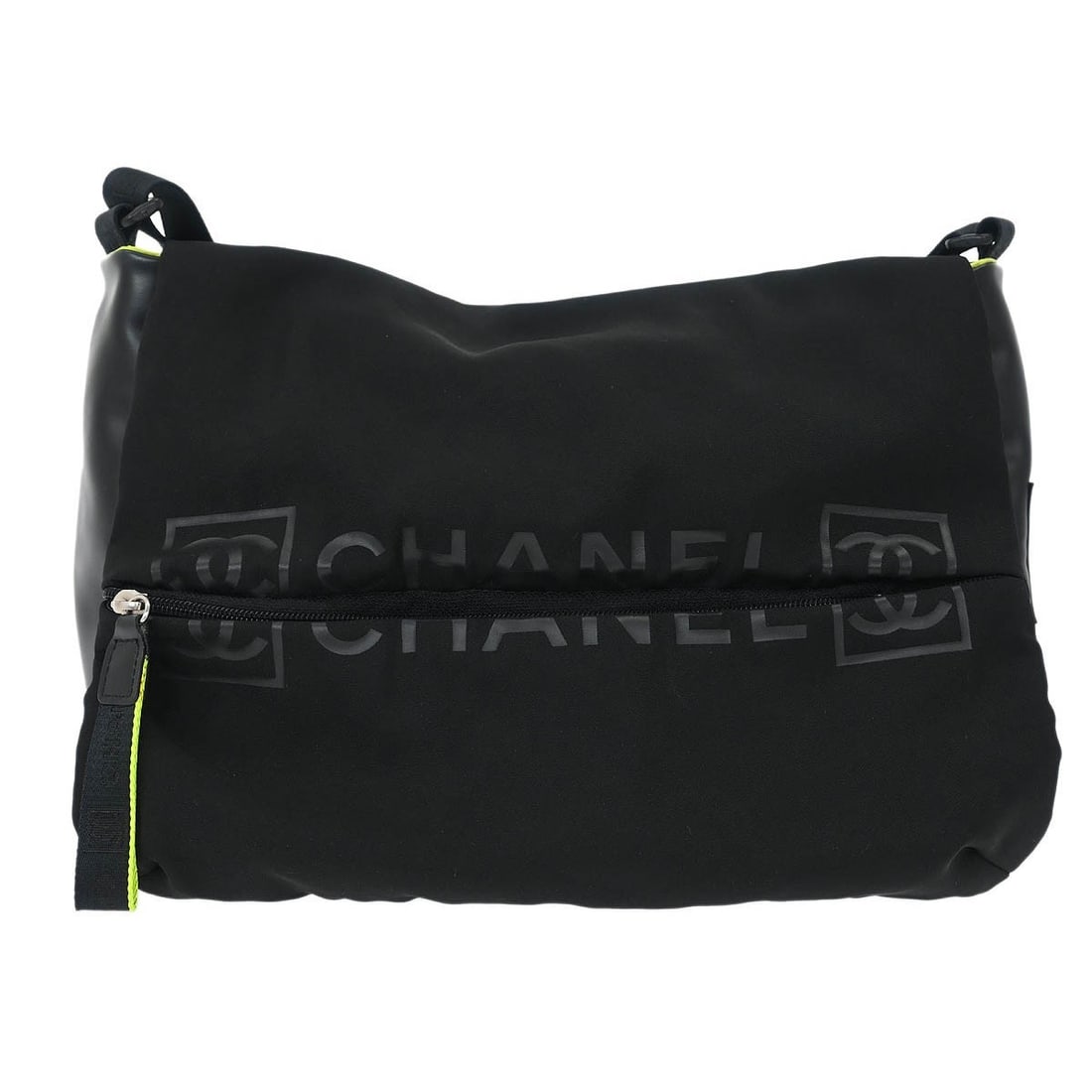 Chanel Black Nylon Sport Line Shoulder Bag with Logo Accents: Chanel Black Nylon Sport Line Shoulder Bag with Logo Accents This stylish Chanel Black Nylon Sport Line Shoulder Bag combines functionality with chic design, perfect for casual occasions. With a mediu