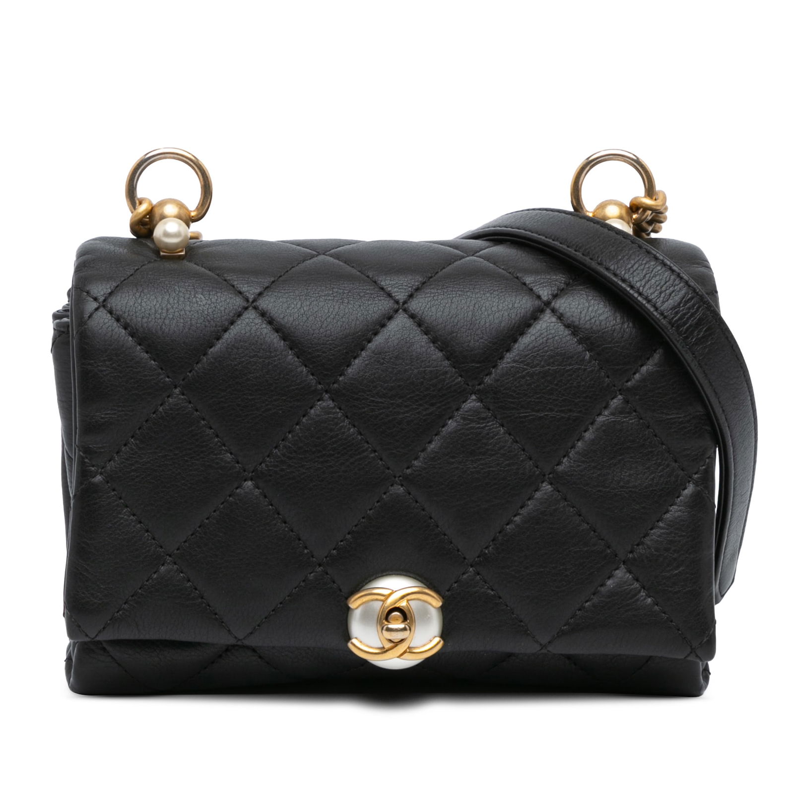 Chanel Mini Quilted Black Calfskin Pearl CC Accordion Bag: Chanel Mini Quilted Black Calfskin Pearl CC Accordion Bag This Chanel Mini Quilted Calfskin Pearl CC Accordion Flap bag showcases a luxurious quilted leather body in classic black. It is designed with