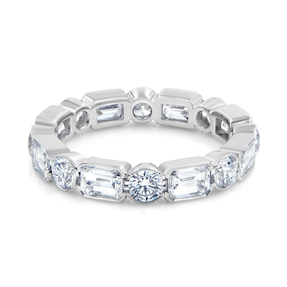 Rachel Koen Platinum Eternity Band 2.45ct Round Emerald Cut Diamonds: Rachel Koen Platinum Eternity Band 2.45ct Round Emerald Cut Diamonds This exquisite Rachel Koen eternity band showcases a stunning combination of round and emerald-cut diamonds, beautifully bezel set