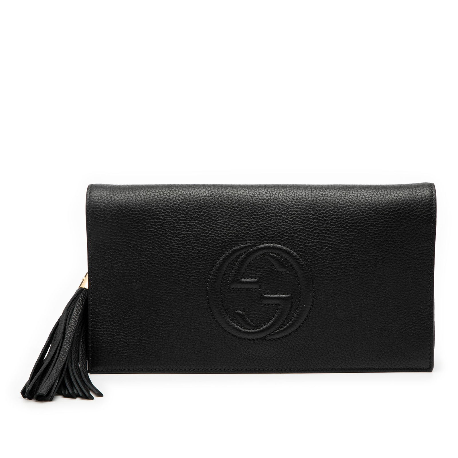 Black Leather Soho Disco Clutch Bag with Tassel Detail by Gucci: Black Leather Soho Disco Clutch Bag with Tassel Detail by Gucci This Gucci Leather Soho Disco Clutch features a black leather body with a distinctive tassel detail and a front flap secured by a magnet