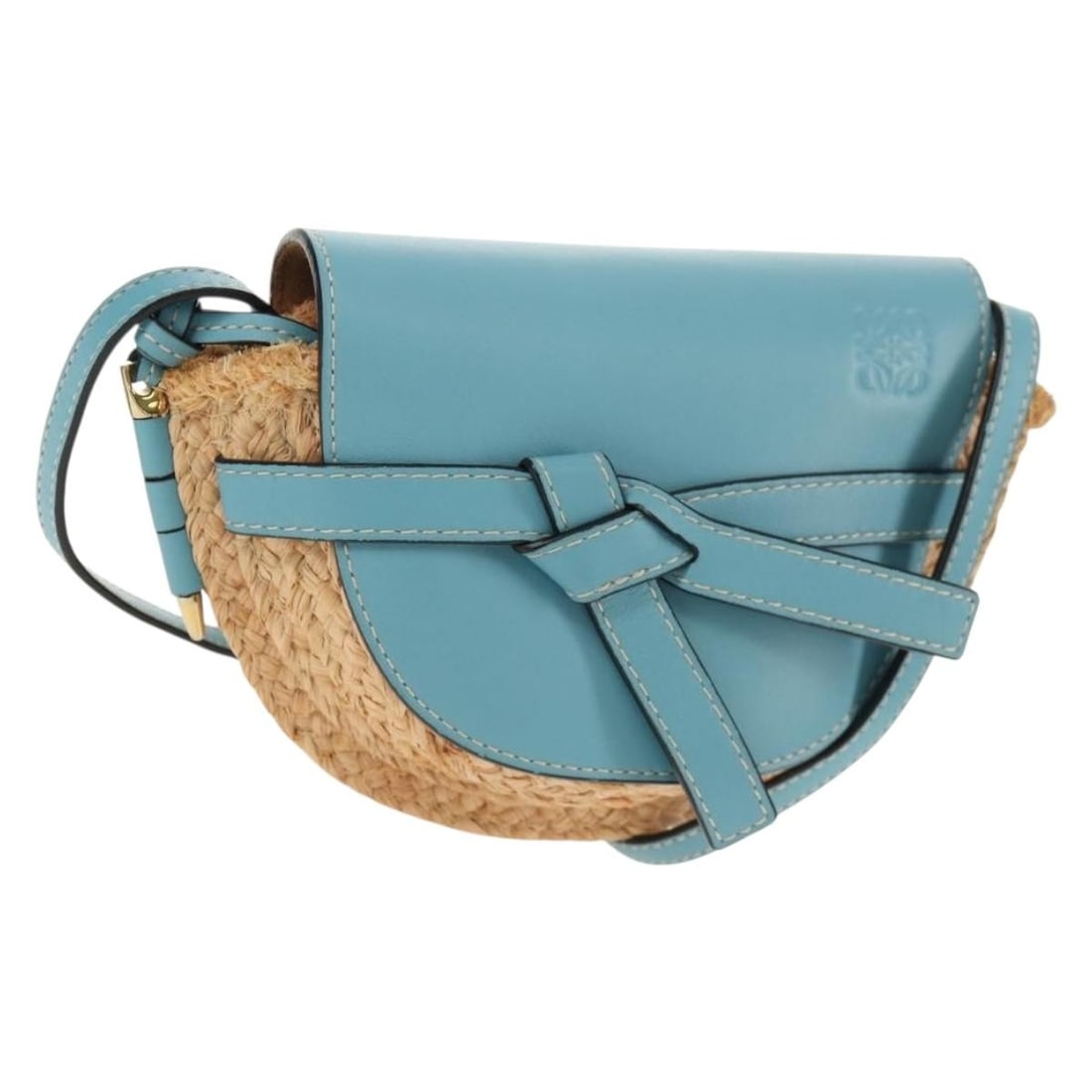 LOEWE Mini Gate Shoulder Bag Wood Beige Light Blue Authentic: LOEWE Mini Gate Shoulder Bag Wood Beige Light Blue Authentic Introducing the LOEWE Gate Bag Mini Shoulder Bag, a stylish accessory crafted in Spain. Made from exquisite wood, this bag features a chic