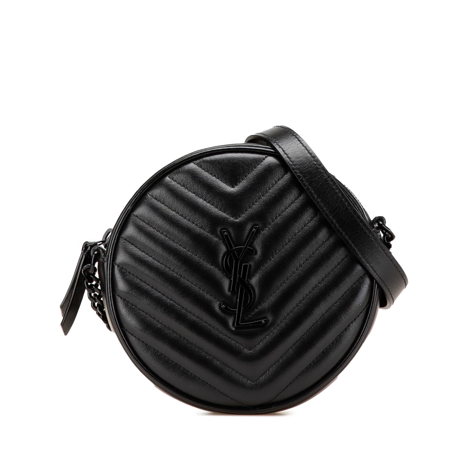 Saint Laurent Black Chevron Calfskin Round Camera Bag with Gold Chain: Saint Laurent Black Chevron Calfskin Round Camera Bag with Gold Chain Elevate your accessory collection with the Saint Laurent Chevron Calfskin Round Vinyle Camera Bag. This chic crossbody bag is craf