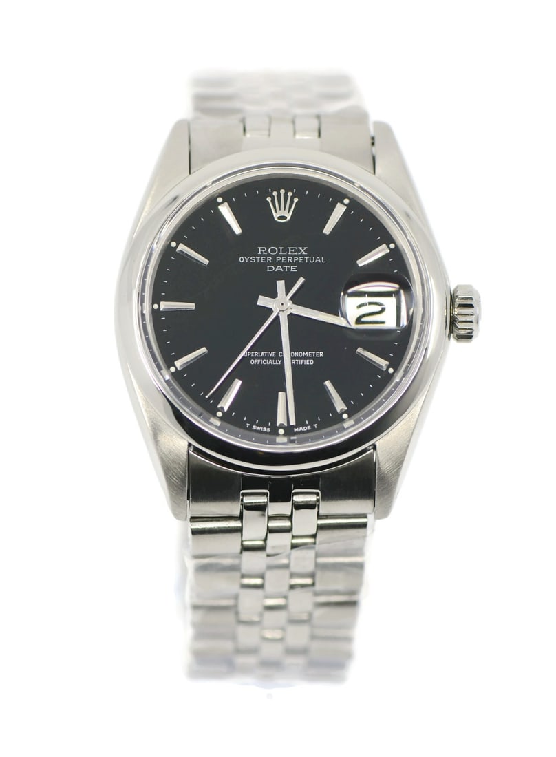 Rolex 1500 Oyster Perpetual Date Automatic 34mm Stainless Steel Wristwatch: Rolex 1500 Oyster Perpetual Date Automatic 34mm Stainless Steel Wristwatch This Rolex Oyster Perpetual Date wristwatch features a 34 mm stainless steel case and a matching stainless steel band. The wa