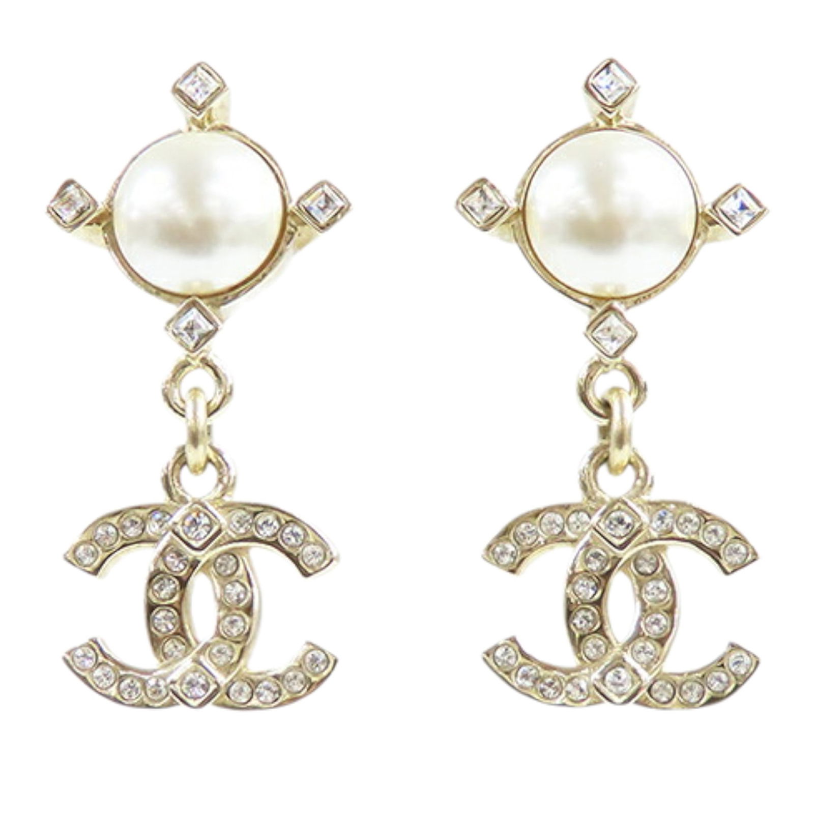 Chanel CC Gold Plated Faux Pearl Earrings with Rhinestones: Chanel CC Gold Plated Faux Pearl Earrings with Rhinestones Elevate your accessory collection with these stunning Chanel CC Gold Plated Faux Pearl Swing Push Back Earrings. Crafted from gold-plated met