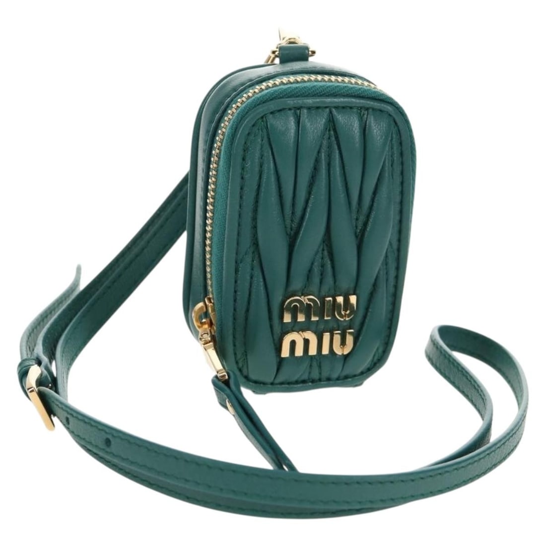 Green and Gold Leather Matelasse Pouch by Miu Miu with Dust Bag: Green and Gold Leather Matelasse Pouch by Miu Miu with Dust Bag This is a Miu Miu Matelasse pouch crafted from green and gold leather. The pouch is in un-used, pristine condition, showing no remarkabl