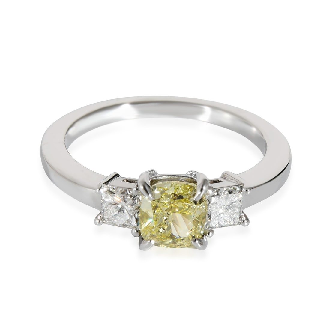 Fancy Intense Yellow Cushion Diamond Engagement Ring GIA Platinum 1.31 CTW Size 5.5: Fancy Intense Yellow Cushion Diamond Engagement Ring GIA Platinum 1.31 CTW Size 5.5 This exquisite engagement ring features a stunning Fancy Intense Yellow Cushion diamond as the centerpiece, weighing