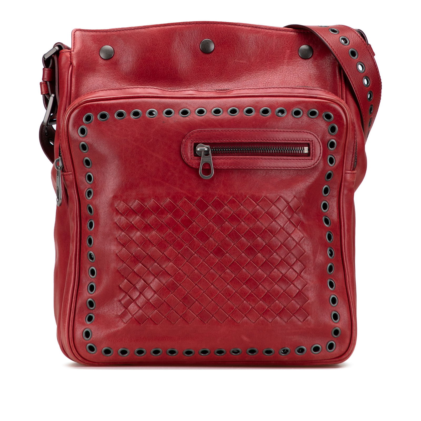 Bottega Veneta Red Nappa Intrecciato Grommet Crossbody Bag: Bottega Veneta Red Nappa Intrecciato Grommet Crossbody Bag Introducing the Bottega Veneta Nappa Intrecciato Grommet Crossbody, a stylish and functional accessory crafted from premium nappa leather. Th