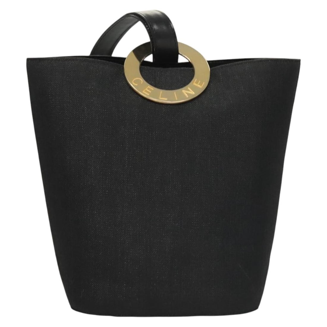 Shoulder bag with circle logo motif by Celine in black: Shoulder bag with circle logo motif by Celine in black This Celine shoulder bag features the iconic circle logo design in black. The exterior shows signs of rubbing, slight shape loss, and some staini
