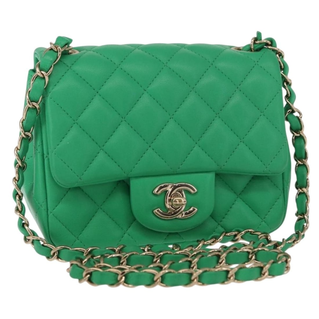 CHANEL Green Gold Matelasse Chain Shoulder Bag Lamb Skin Auth 142987SM (1 of 18)