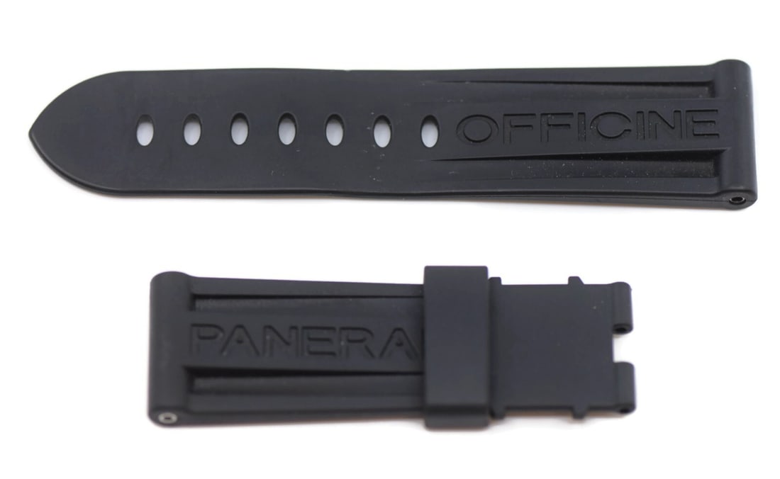 Panerai 24mm Black Rubber Wristwatch Band 100% Authentic: Panerai 24mm Black Rubber Wristwatch Band 100% Authentic This Panerai OEM Black Rubber Strap is a premium wristwatch band designed for durability and comfort. Crafted from high-quality rubber, it feat