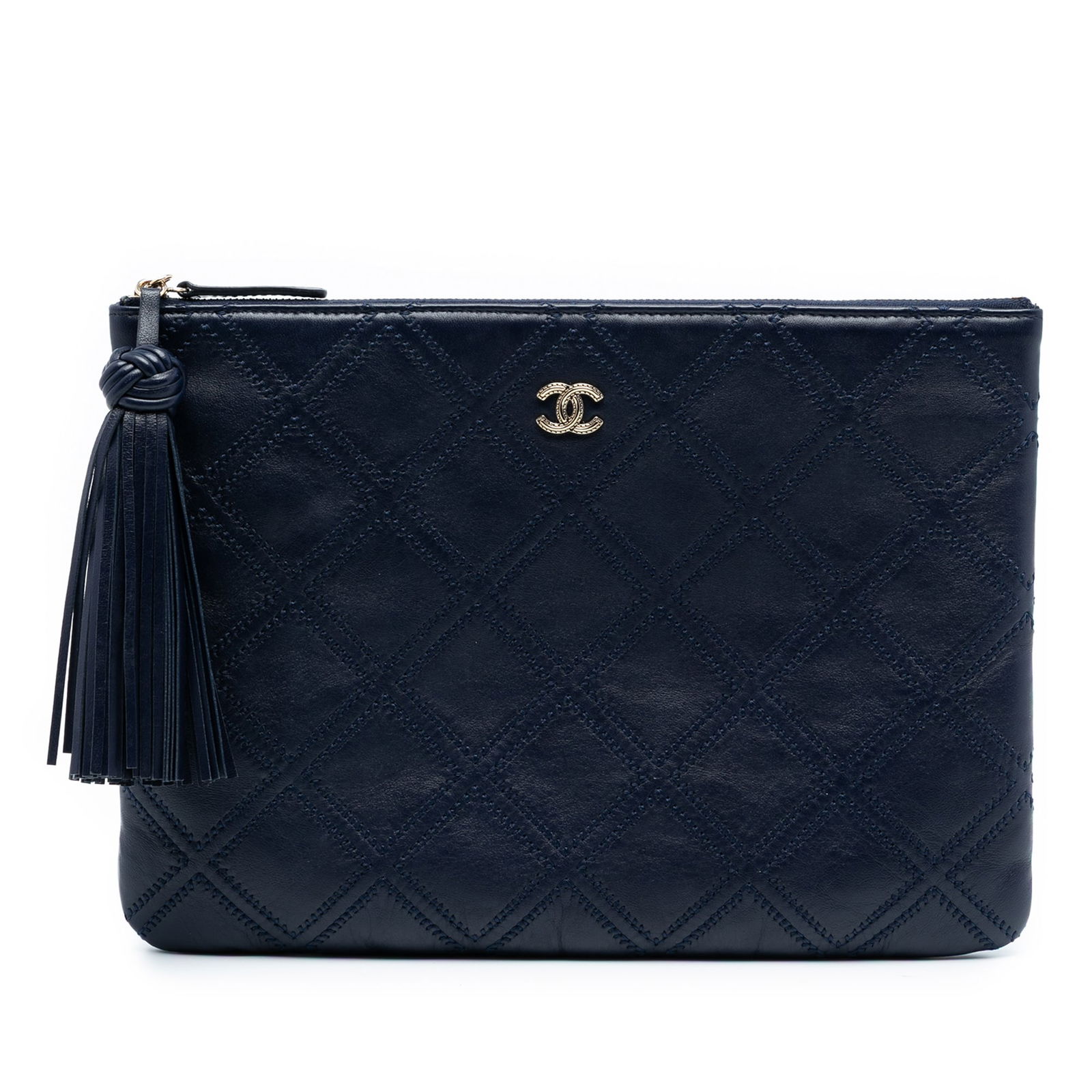 Blue Chanel O Case Medium Quilted Lambskin Clutch with Tassel Detail: Blue Chanel O Case Medium Quilted Lambskin Clutch with Tassel Detail This Chanel Medium Quilted Lambskin Double Stitch Tassel O Case Clutch features a quilted lambskin leather body in blue, a top zip