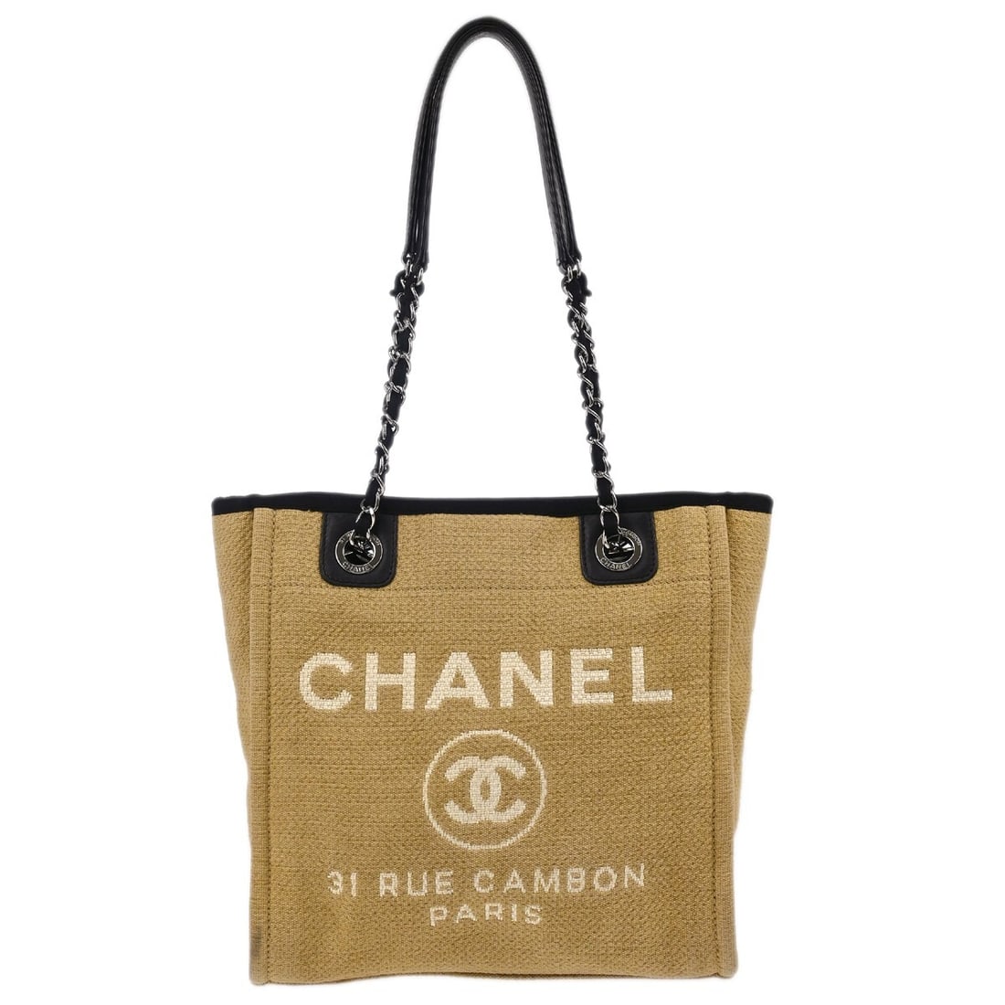 Chanel Beige Canvas Mini Deauville Tote with Black Handles: Chanel Beige Canvas Mini Deauville Tote with Black Handles This stylish Chanel Mini Deauville Shoulder Tote Bag is designed with a chic beige canvas exterior and features double black handles for comf