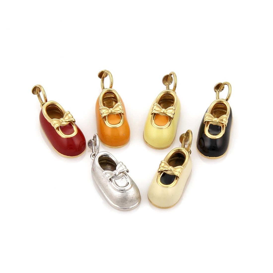 Set of 6 Baby Shoe Charms in 18k Yellow Gold with Multicolor Enamel: Set of 6 Baby Shoe Charms in 18k Yellow Gold with Multicolor Enamel Delight in this charming set of baby shoe charms, featuring six unique designs crafted from premium 18k yellow gold with a polished