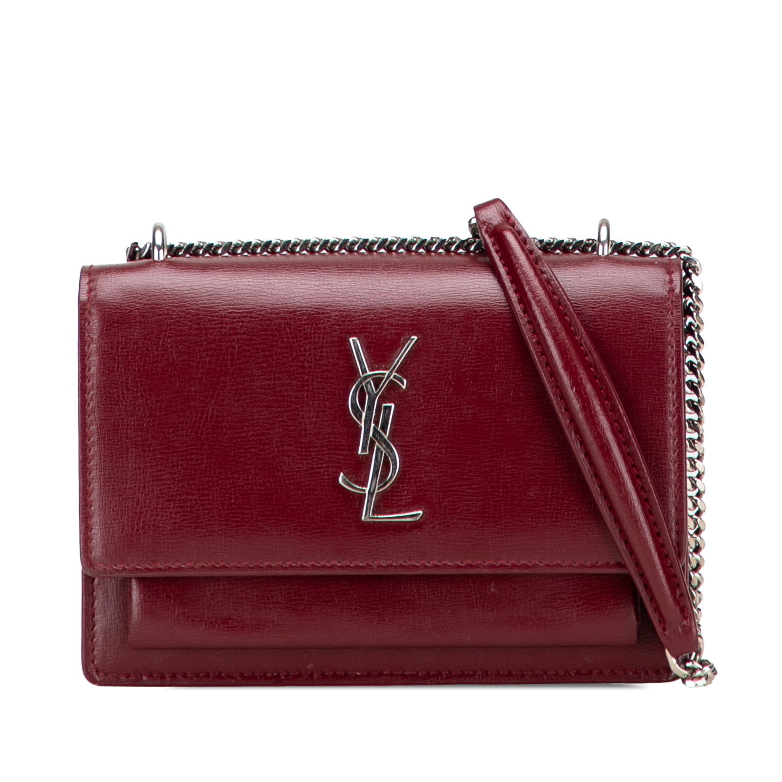 Mini Monogram Sunset Wallet on Chain in Red Leather by Saint Laurent: Mini Monogram Sunset Wallet on Chain in Red Leather by Saint Laurent Introducing the Saint Laurent Calfskin Monogram Sunset Chain Wallet, a stylish and versatile accessory perfect for any occasion. Th