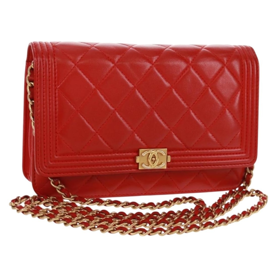 Chanel Red Lambskin Matelasse Wallet Shoulder Bag with Gold Chain and CC Logo (1 of 18)