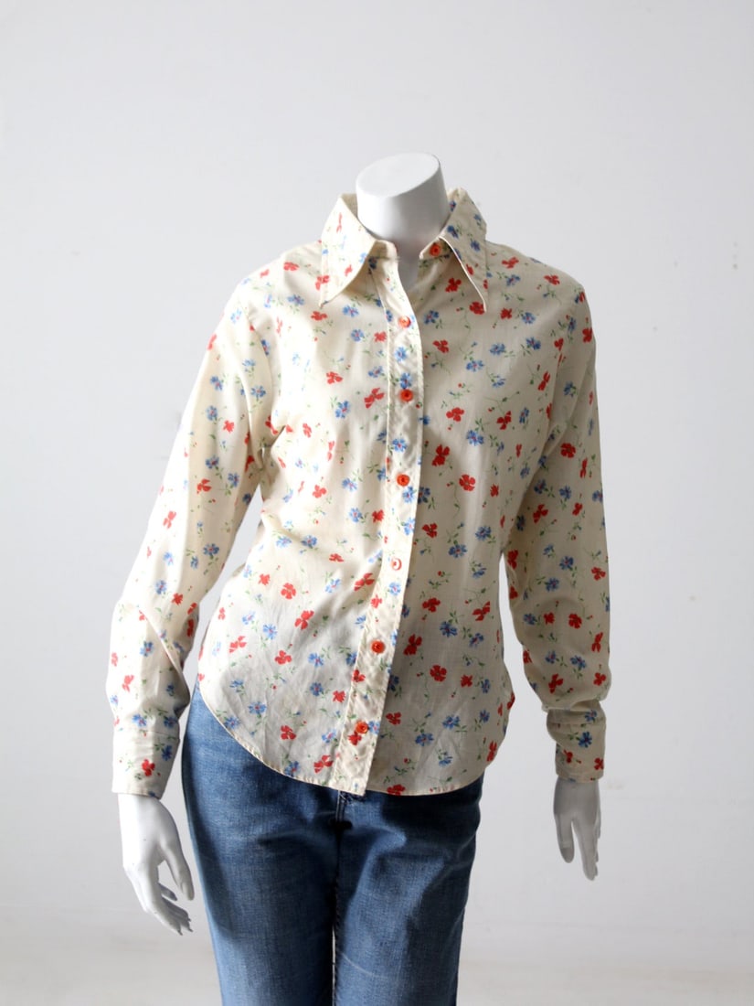 Sears Mates Vintage Floral Shirt Blue Red Flowers (1 of 13)