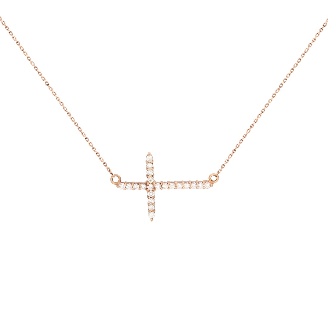 Rachel Koen 14K Rose Gold Cross Necklace with 0.28ct Diamonds: Rachel Koen 14K Rose Gold Cross Necklace with 0.28ct Diamonds This elegant Rachel Koen Diamond Ladies Side-Way Cross Necklace is crafted in 14K Rose Gold, featuring a beautiful pendant in the shape of