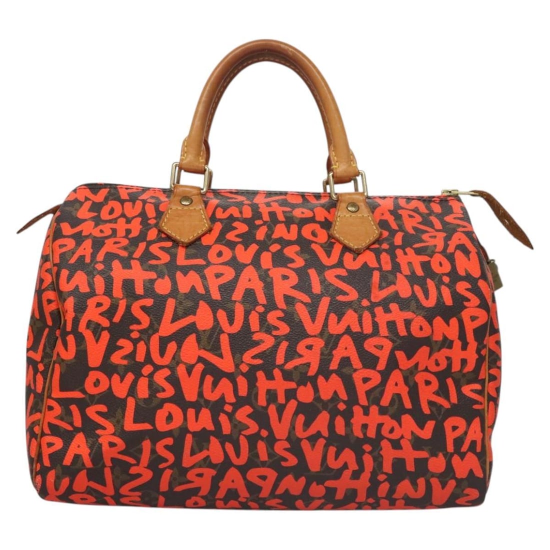 Orange Louis Vuitton Speedy Bag with Leather and Metal Accents: Orange Louis Vuitton Speedy Bag with Leather and Metal Accents This Louis Vuitton Speedy handbag in orange features a classic design crafted for women. The bag shows slight rubbing on the outer surfac