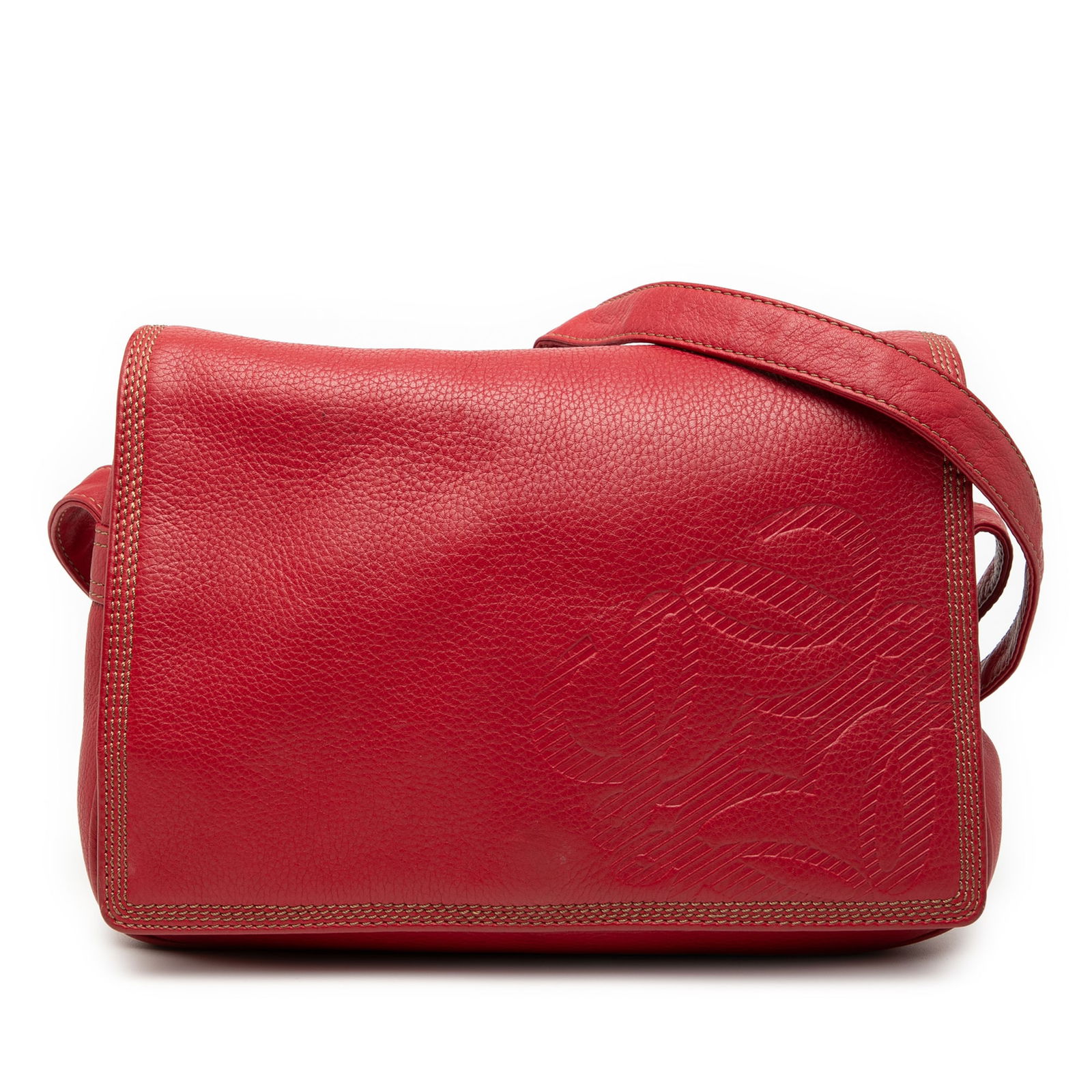 LOEWE Red Leather Anagram Flap Crossbody Bag: LOEWE Red Leather Anagram Flap Crossbody Bag The LOEWE Leather Anagram Flap Crossbody is a stylish and functional accessory that showcases a high-quality leather construction. This crossbody bag featu