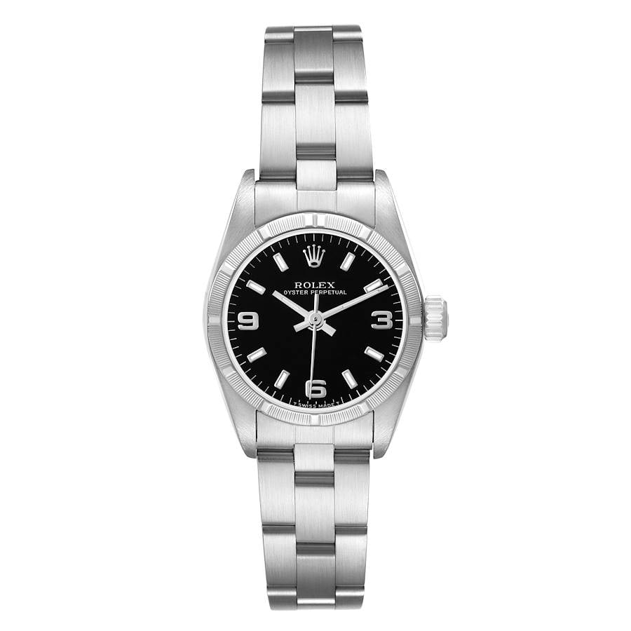 Ladies Oyster Perpetual 67230 Black Dial Watch with Papers 1997: Ladies Oyster Perpetual 67230 Black Dial Watch with Papers 1997 This Rolex Oyster Perpetual watch features a black dial and an engine-turned bezel, paired with a classic Oyster bracelet. The timepiece