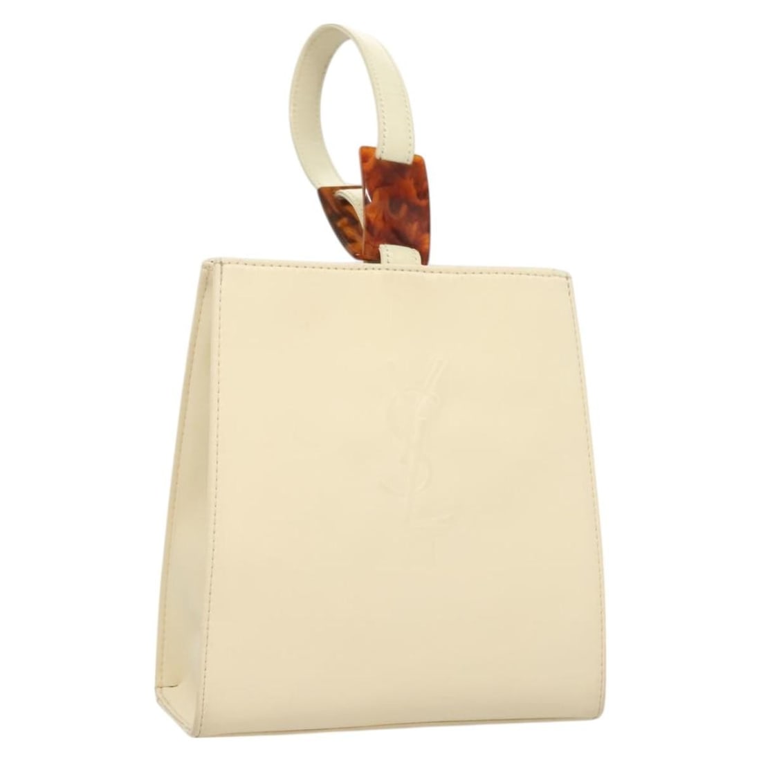 Beige Vintage Saint Laurent Handbag with Top Handle: Beige Vintage Saint Laurent Handbag with Top Handle This Saint Laurent vintage handbag features a beige exterior with signs of wear including rubbing, stains, and slight loss of shape on the outer sur