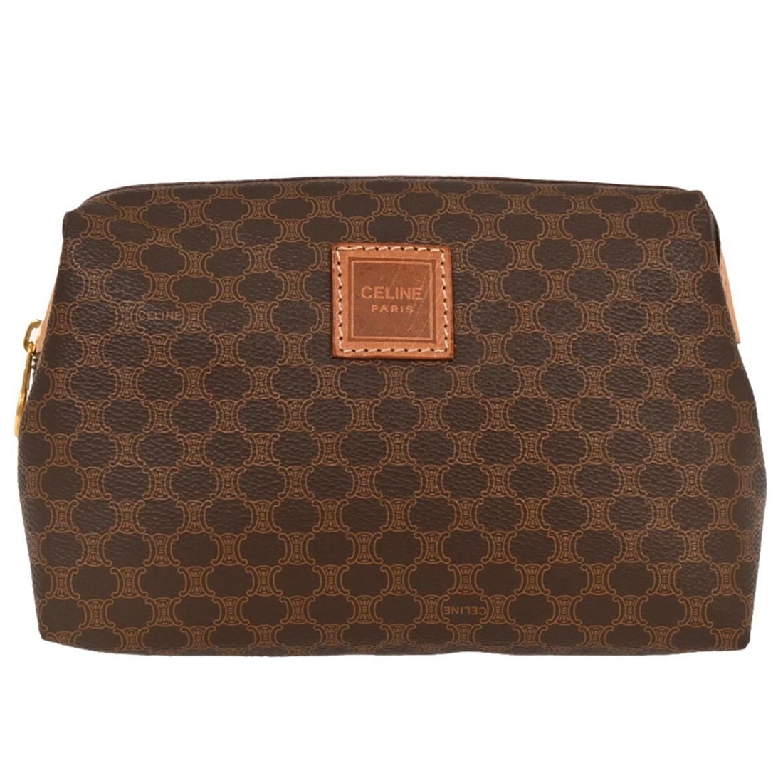 Brown Macadam Clutch Bag by Celine: Brown Macadam Clutch Bag by Celine This pre-owned Celine Macadam clutch bag features a classic brown exterior with minor scuffs, while the interior remains in very good condition. There is no odor pre