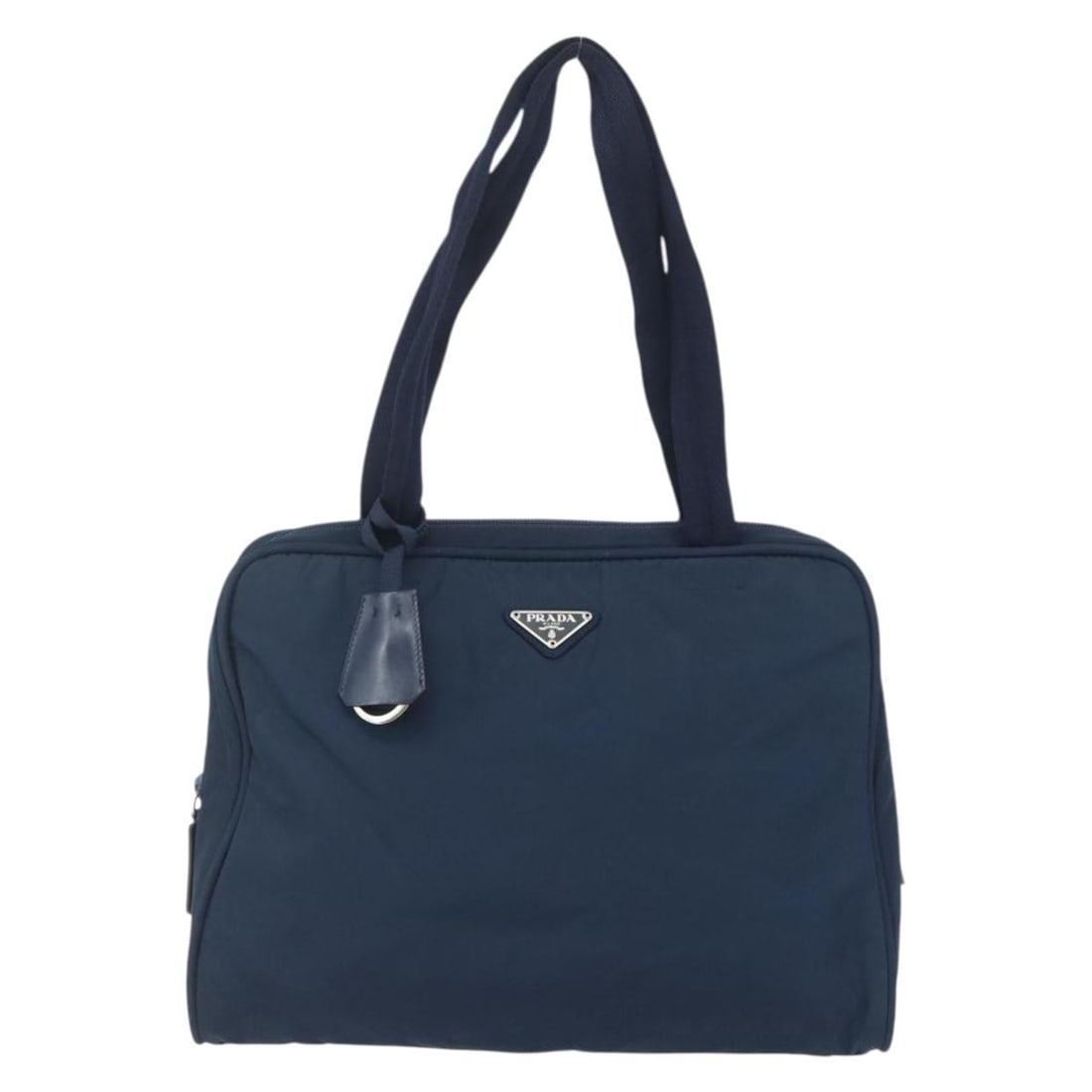 Navy Prada Shoulder Bowling Bag with Dual Top Handles: Navy Prada Shoulder Bowling Bag with Dual Top Handles This pre-owned Prada Bowling shoulder bag comes in a navy color and features a classic design. It is in good condition with visible signs of use,