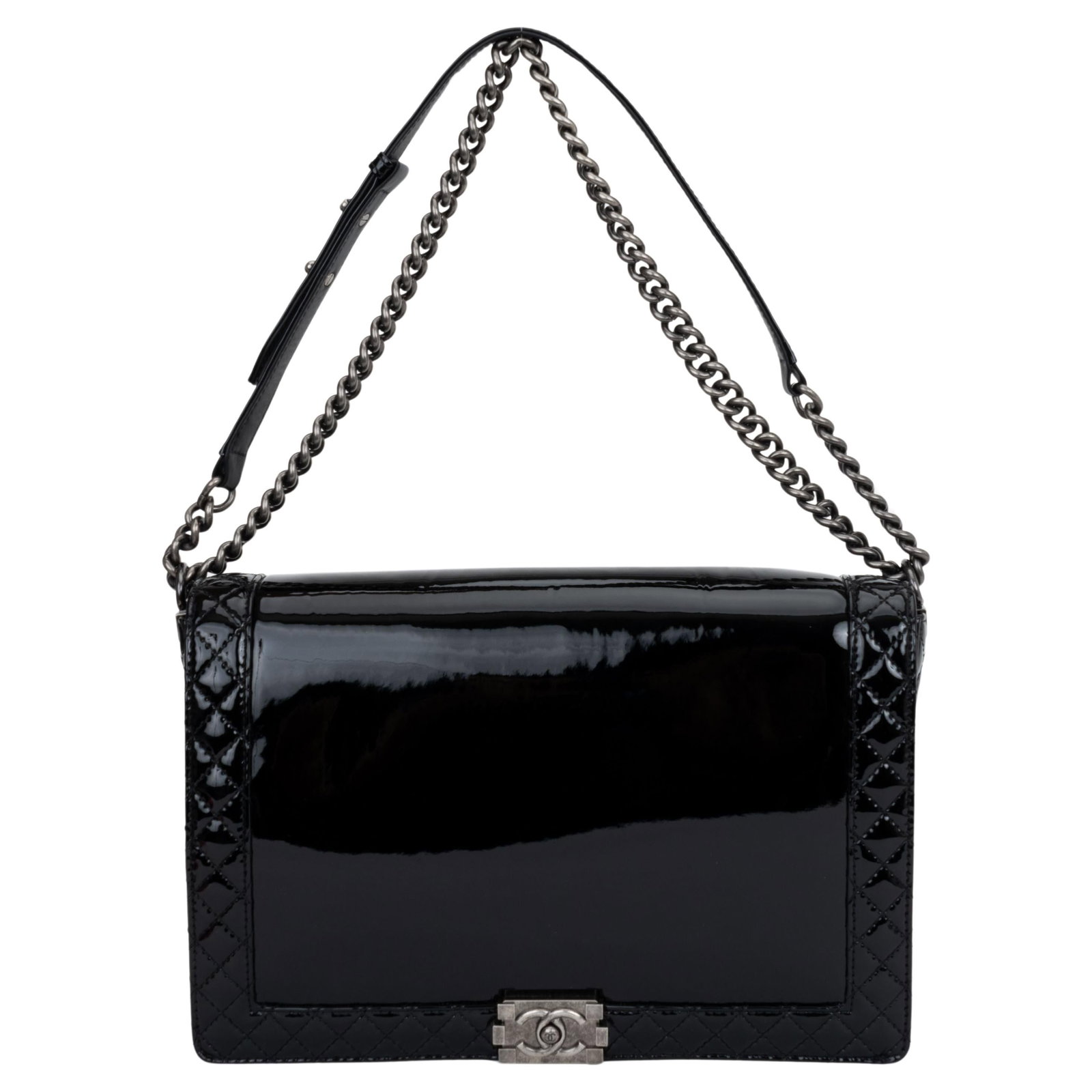 Chanel Black Patent Maxi Boy Bag with Ruthenium Hardware: Chanel Black Patent Maxi Boy Bag with Ruthenium Hardware This exquisite Chanel Black Patent Maxi Boy Bag is a must-have for fashion enthusiasts. Crafted from luxurious black patent leather and adorned