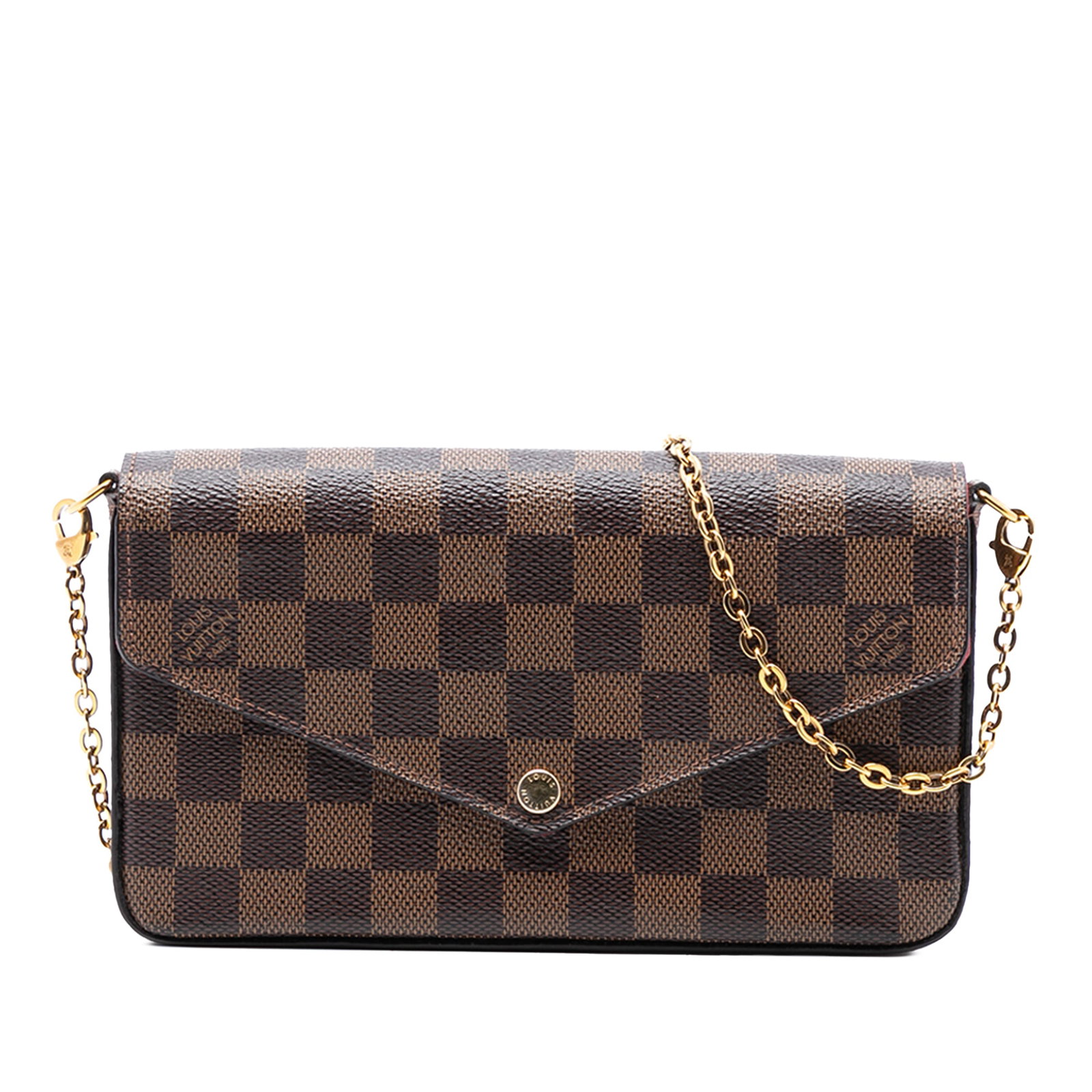 Louis Vuitton Pochette Felicie Damier Ebene Canvas Crossbody Bag with Chain Strap: Louis Vuitton Pochette Felicie Damier Ebene Canvas Crossbody Bag with Chain Strap This Louis Vuitton Pochette Felicie crossbody bag showcases the signature Damier Ebene canvas in brown, paired with a