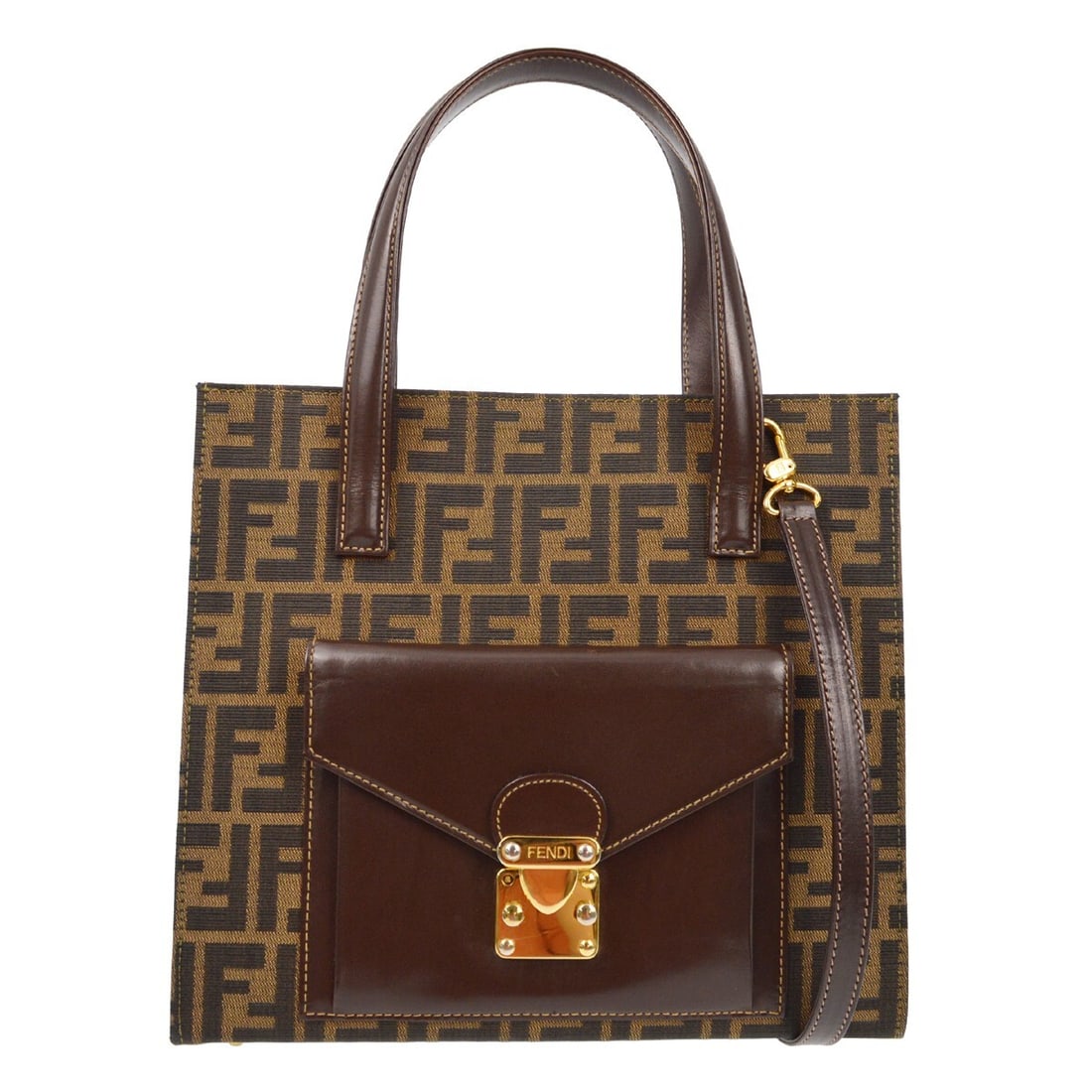 Fendi Zucca Brown Canvas 2way Tote Handbag with Gold Hardware: Fendi Zucca Brown Canvas 2way Tote Handbag with Gold Hardware This Fendi Brown Zucca 2-way tote handbag is a stylish accessory for your casual outings. It features a classic Fendi Zucca pattern and is