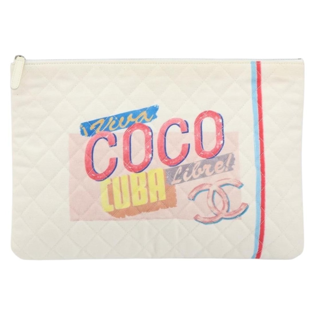 Chanel Matelasse Clutch Bag White Coco Cuba Pouch: Chanel Matelasse Clutch Bag White Coco Cuba Pouch This pre-owned Chanel Matelasse clutch bag features a white exterior with slight rubbing and stains on the surface and leather, as well as minor scrat