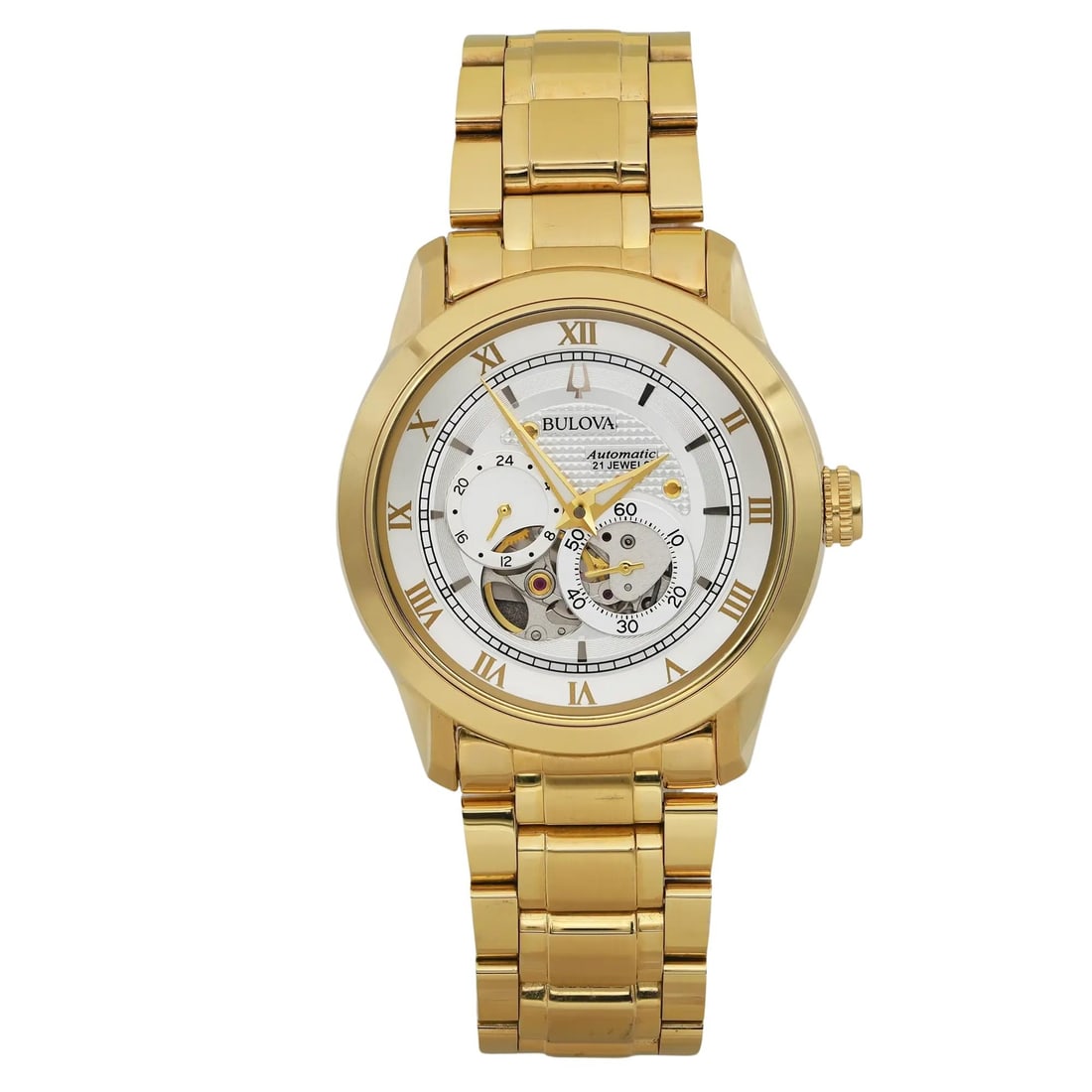 Bulova BVA Gold-tone Automatic Men's Watch Silver Sunburst Dial 97A108: Bulova BVA Gold-tone Automatic Men's Watch Silver Sunburst Dial 97A108 Discover the elegance of the Bulova BVA Series Gold-tone Steel Silver-Dial Automatic Men's Watch (Model 97A108). This sophisticat