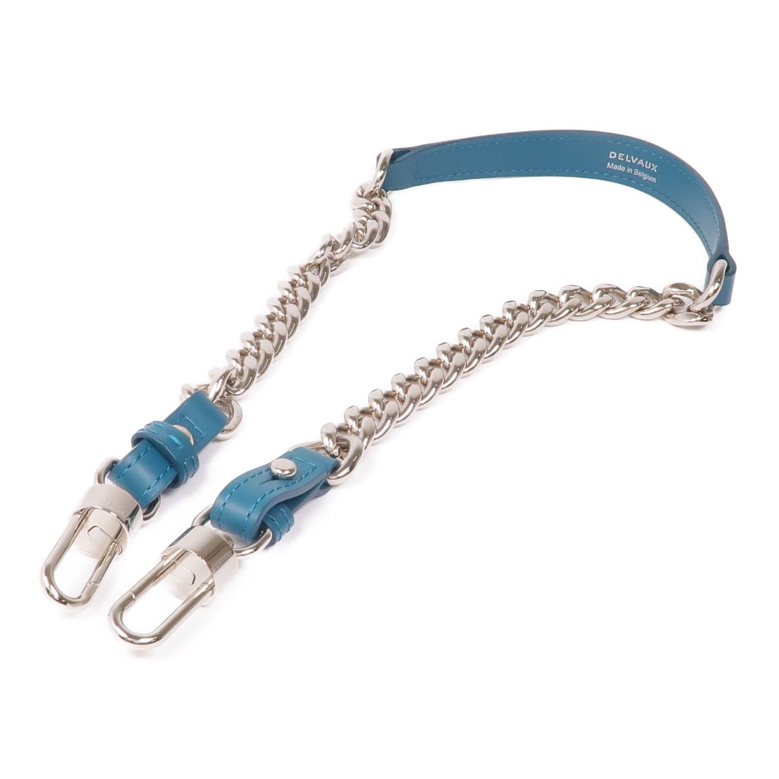 Delvaux Green Calfskin Leather Shoulder Strap with Silver Metal: Delvaux Green Calfskin Leather Shoulder Strap with Silver Metal This Delvaux shoulder strap showcases luxurious calfskin leather in an eye-catching green hue. Designed for regular use, it features a s