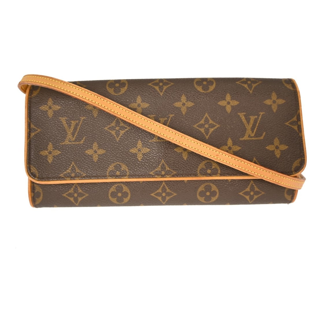 Brown Twin Clutch Purse by Louis Vuitton: Brown Twin Clutch Purse by Louis Vuitton This Louis Vuitton Twin handbag features a brown exterior with scuffs, scratches, suntanning, and stains visible on the leather parts. The interior shows some