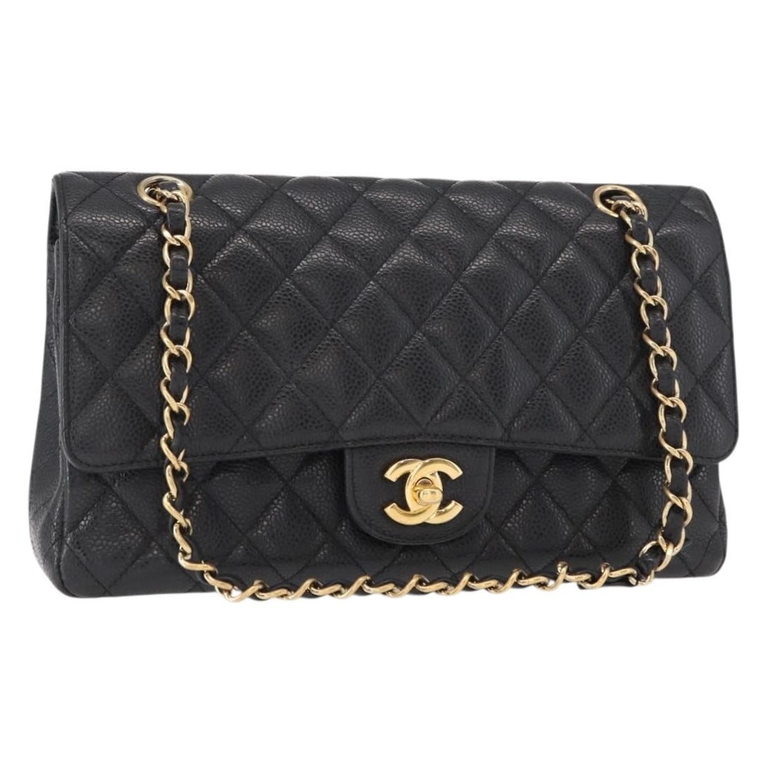 CHANEL Matelasse Double Flap Bag Caviar Skin Black Gold Authenticated: CHANEL Matelasse Double Flap Bag Caviar Skin Black Gold Authenticated This elegant CHANEL Matelasse 25 Double Flap Chain Bag is a quintessential piece for fashion enthusiasts. Crafted from luxurious g